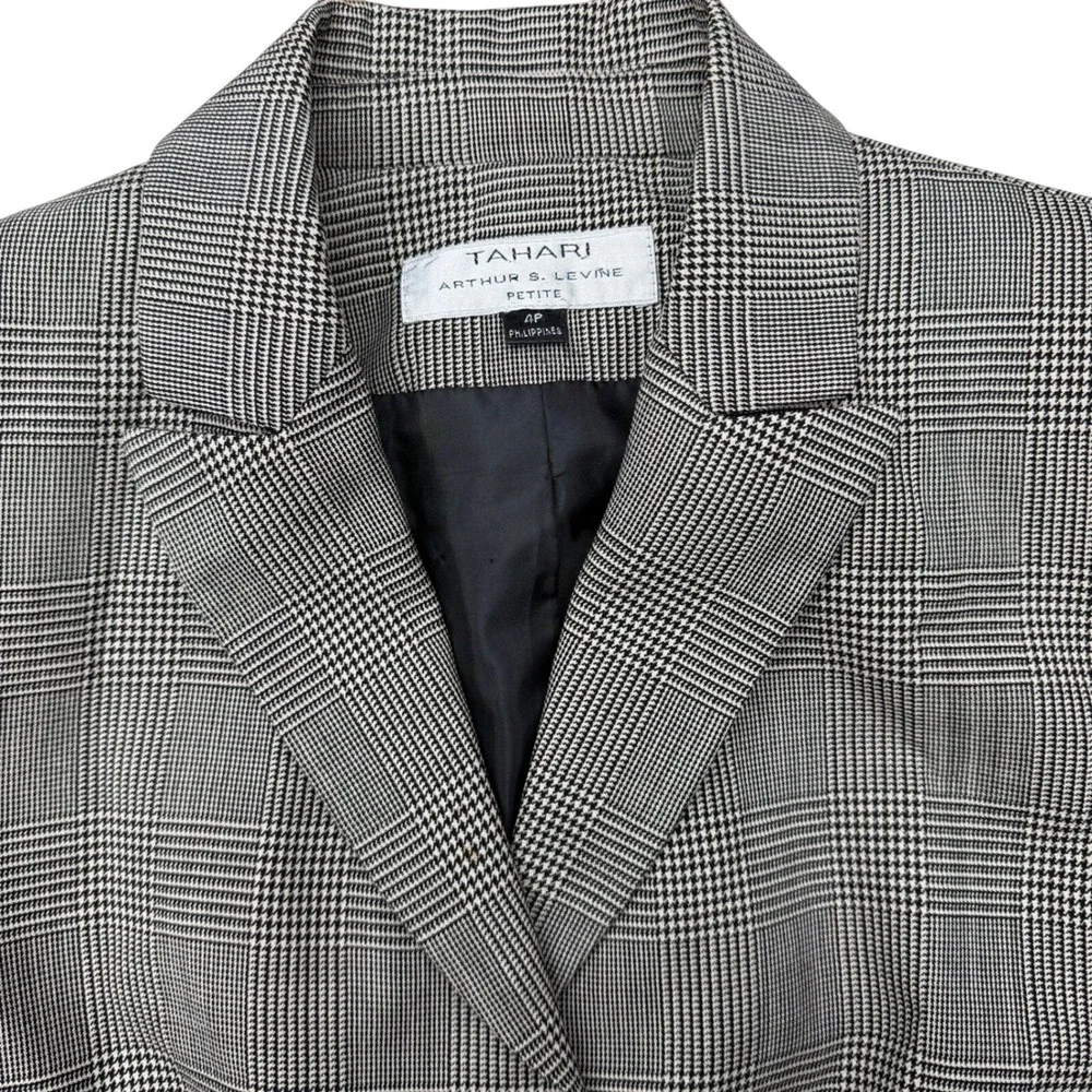 100% Wool Blazer Jacket Petite 4P 3-Button‎ Grey Glen Plaid Office Career